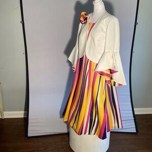 Masseys Mod 60s 70s Striped Dress & Bolero Jacket Set | Bell Sleeves Corsage 16W
